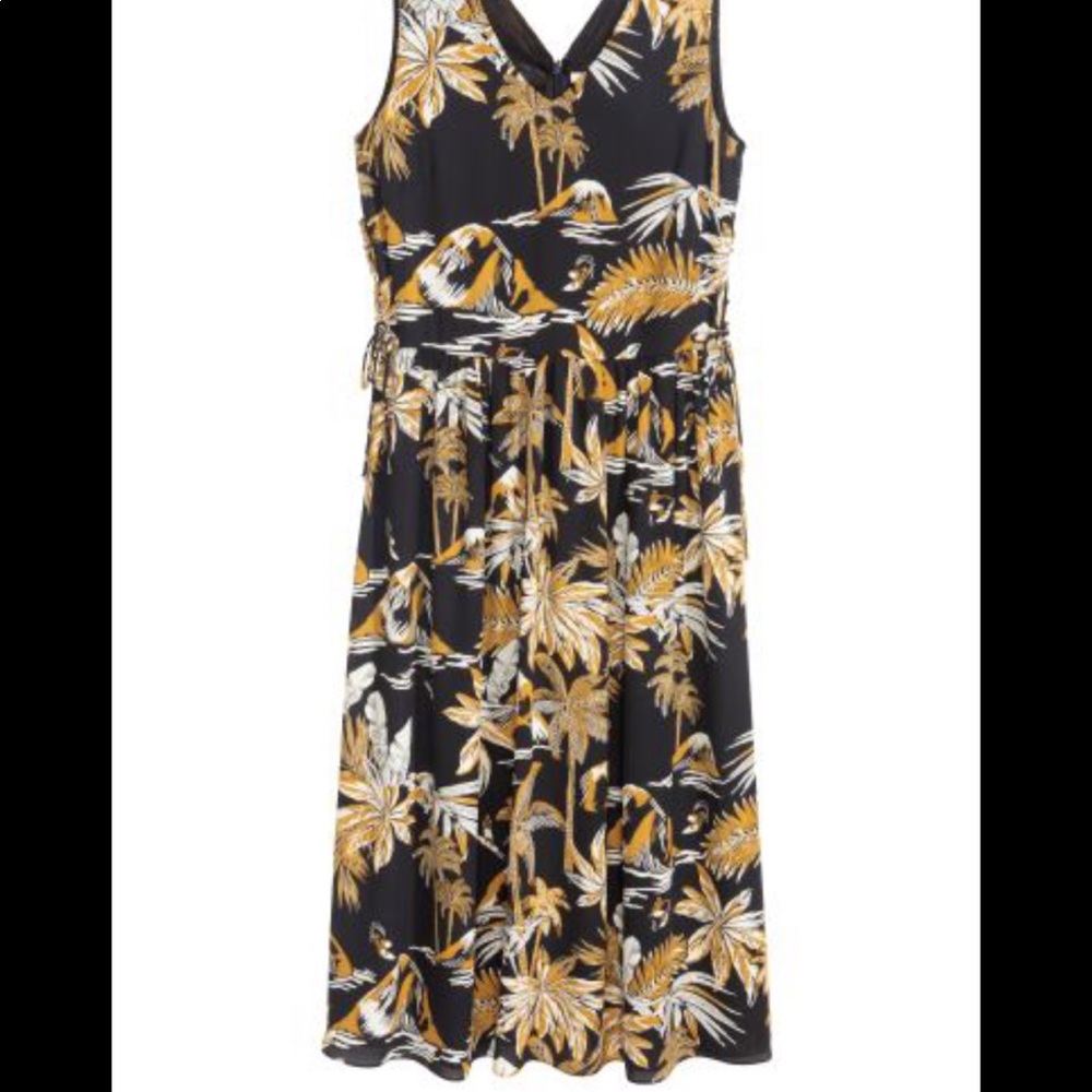 Navy Yellow Tropical Patterned Midi Dress